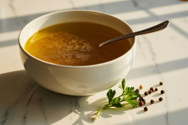 Bol de bouillon de poulet doré avec herbes fraîches