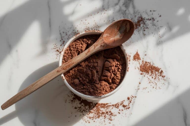 Cacao en poudre tamisé dans un bol avec cuillère
