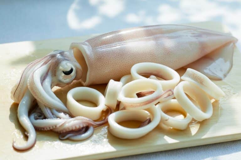 Calamars frais entiers et en anneaux sur surface claire