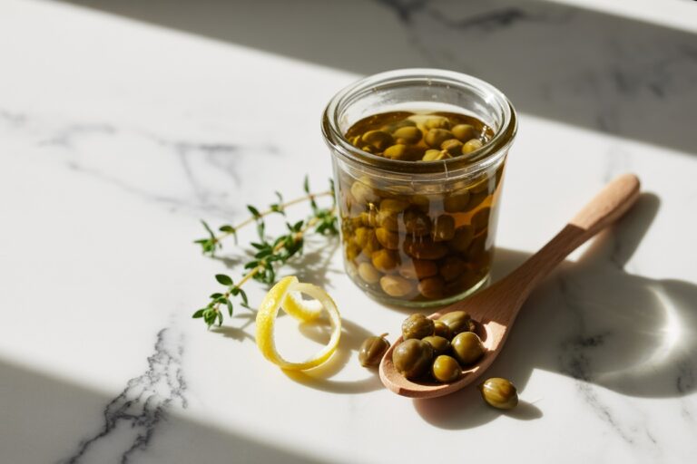 Câpres dans un petit bol en céramique avec citron