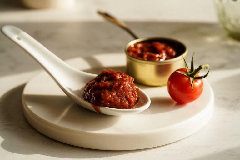 Concentré de tomate sur cuillère blanche avec tomate cerise