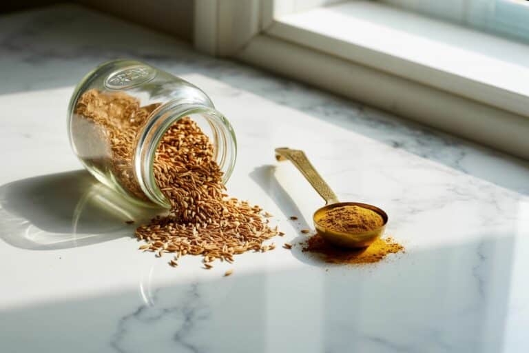 Graines de cumin renversées d'un bocal en verre sur marbre