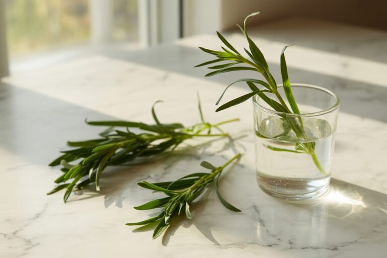 Brins d'estragon frais sur surface en marbre blanc