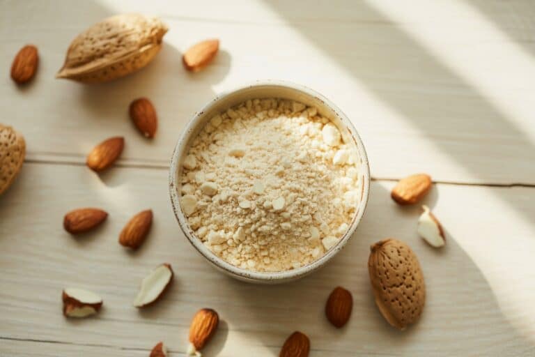 Farine d'amande tamisée dans un bol avec amandes entières