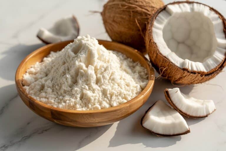 Farine de coco dans un bol en bois avec noix de coco