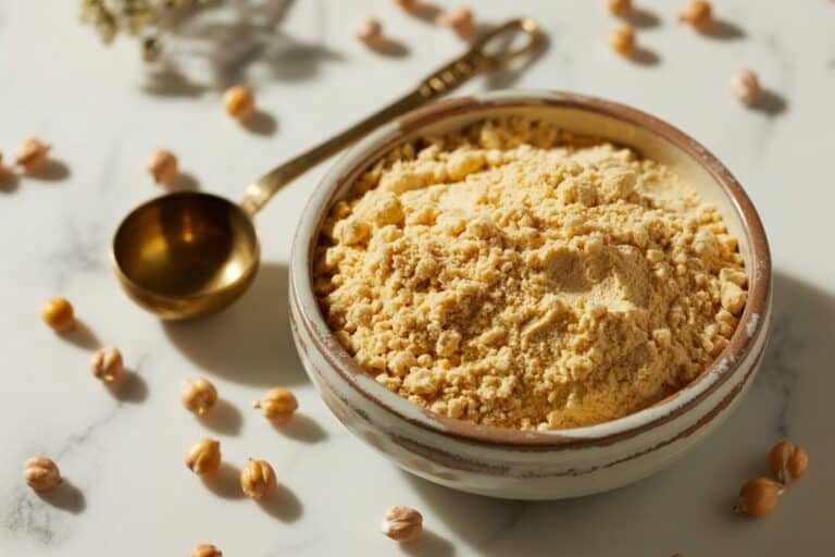 Farine de pois chiches dans un bol avec pois chiches secs