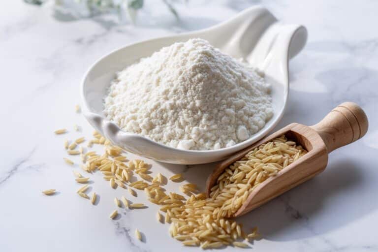 Farine de riz blanche dans un bol avec grains de riz
