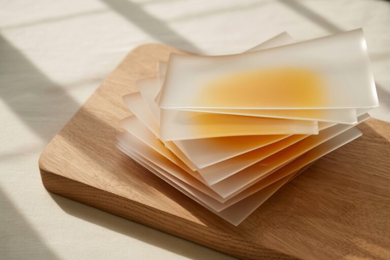 Feuilles de gélatine transparentes sur surface blanche