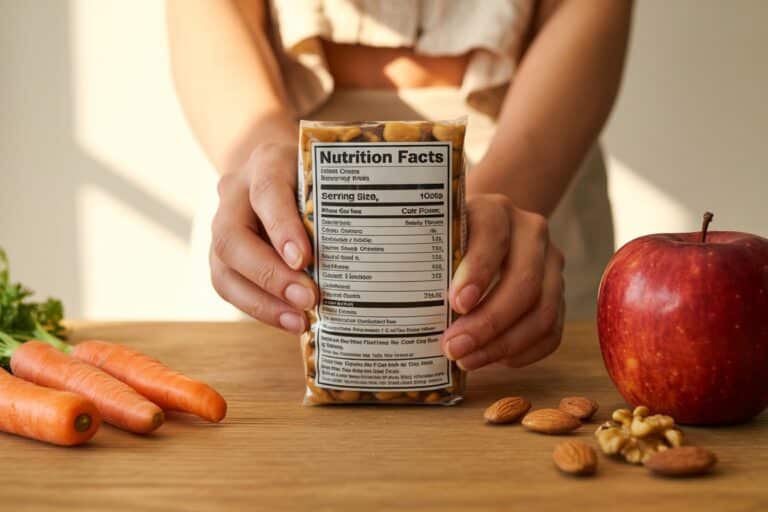 Lecture d'une etiquette nutritionnelle sur un produit alimentaire