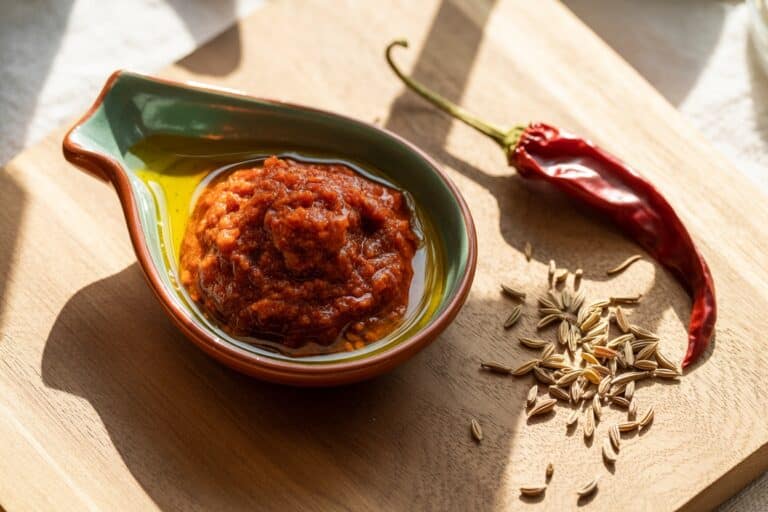 Pâte de harissa rouge dans un petit tajine en terre cuite