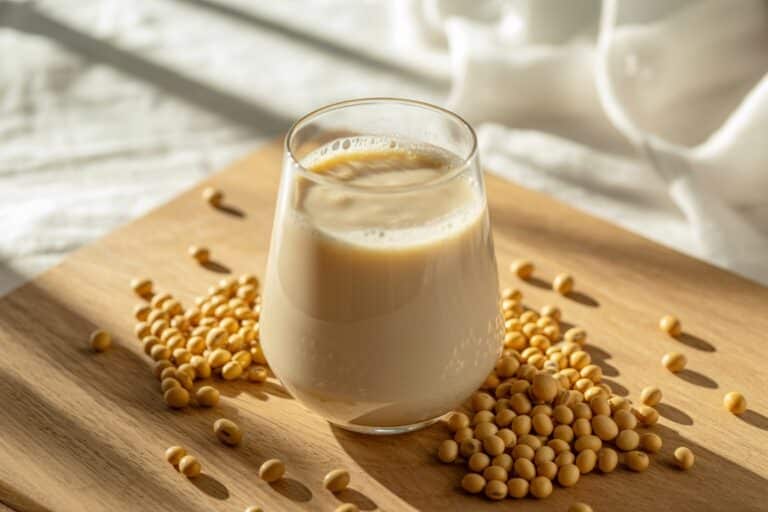 Verre de lait de soja avec graines de soja