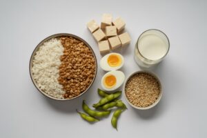 Sources de proteines completes : riz et lentilles, oeufs, quinoa