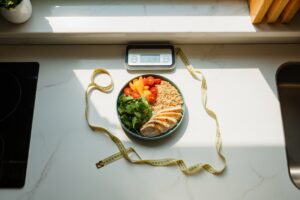 Balance de cuisine avec aliments sains et outils de mesure