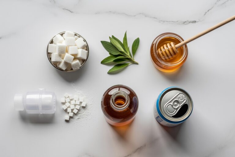 Differents edulcorants : sucre, stevia, aspartame, miel