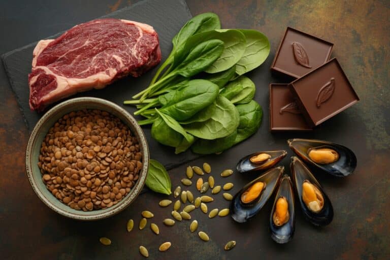 Aliments riches en fer : viande rouge, lentilles, epinards
