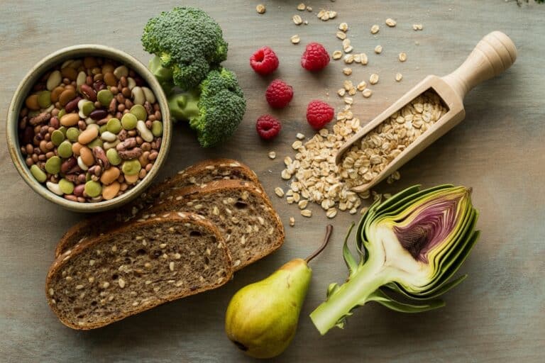 Aliments riches en fibres : legumineuses, cereales completes, brocoli