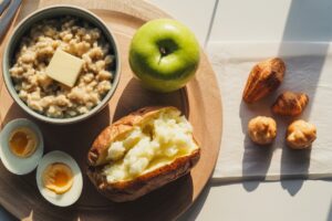 Aliments rassasiants : avoine, oeufs, pommes de terre et poisson