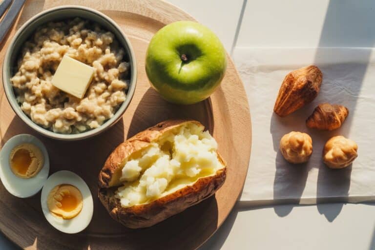 Aliments rassasiants : avoine, oeufs, pommes de terre et poisson