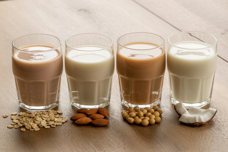 Verres de laits végétaux avec leurs ingrédients de base