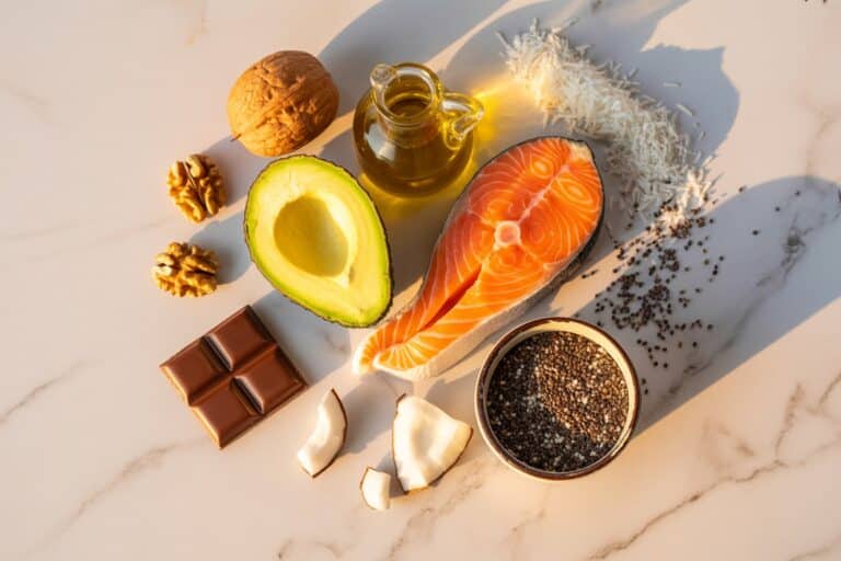 Sources de lipides sains : avocat, huile d'olive, noix, saumon