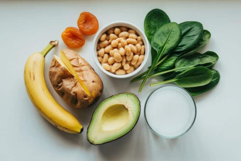 Aliments riches en potassium : banane, haricots blancs, epinards