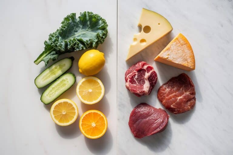 Aliments alcalinisants et acidifiants séparés sur une surface
