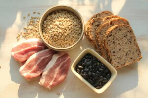 Aliments riches en vitamine B1 : porc, graines de tournesol et haricots