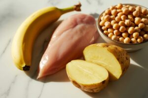 Aliments riches en vitamine B6 : poulet, banane, pomme de terre et pois chiches