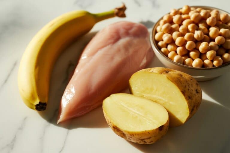Aliments riches en vitamine B6 : poulet, banane, pomme de terre et pois chiches