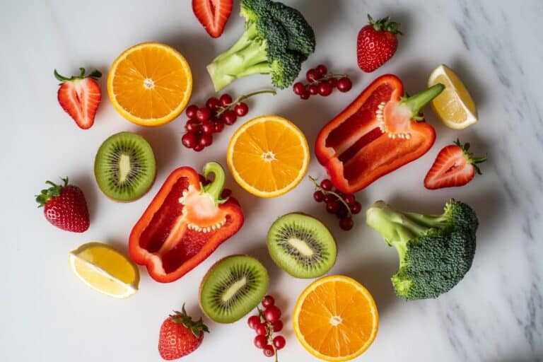 Aliments riches en vitamine C : agrumes, poivrons, kiwi