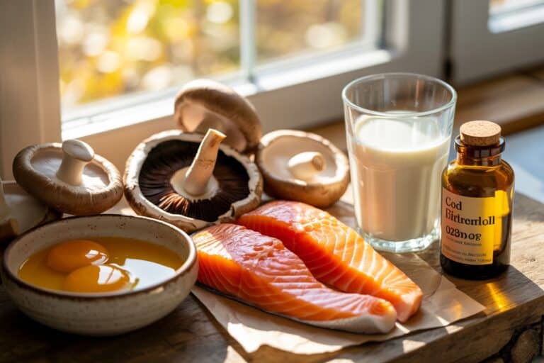 Sources de vitamine D : saumon, oeufs, champignons au soleil