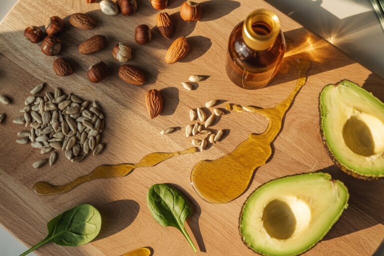 Aliments riches en vitamine E : amandes, noisettes, huile de tournesol