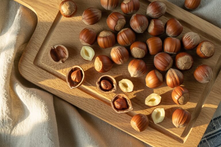 Noisettes entières et décortiquées sur surface en bois