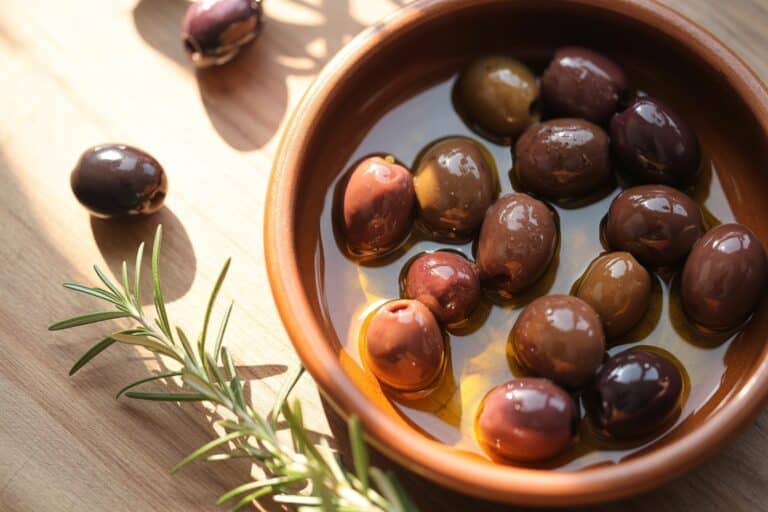Olives noires dans un bol en terre cuite sur marbre