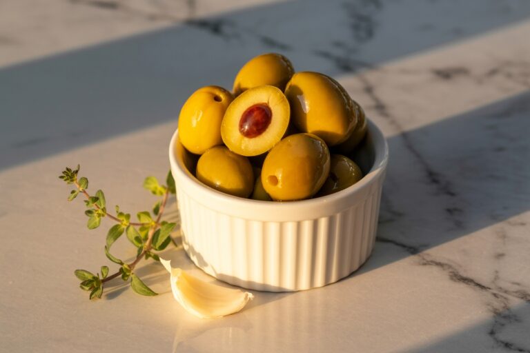 Olives vertes dans un ramequin sur surface en marbre