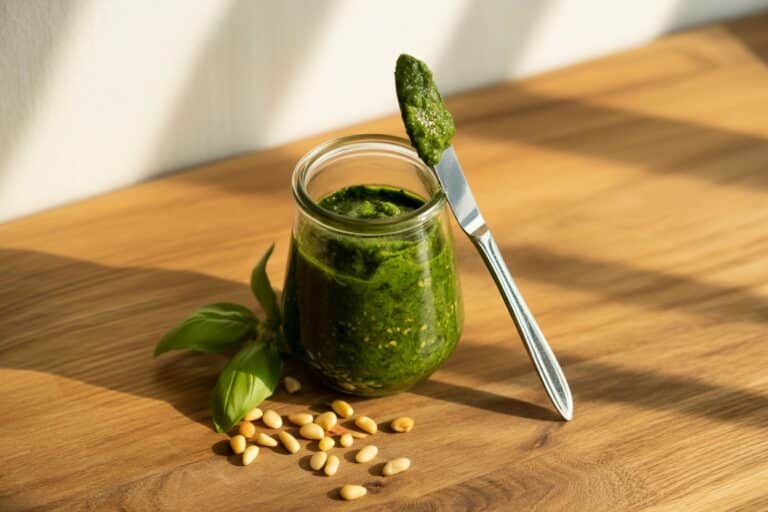 Pesto au basilic frais dans un mortier en marbre