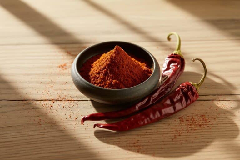 Piment de Cayenne en poudre dans un plat en céramique sombre