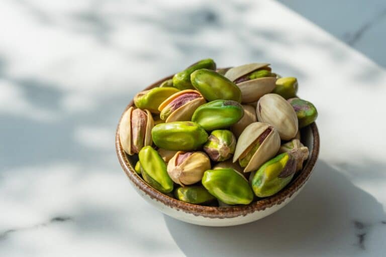 Pistaches ouvertes montrant la graine verte dans un bol