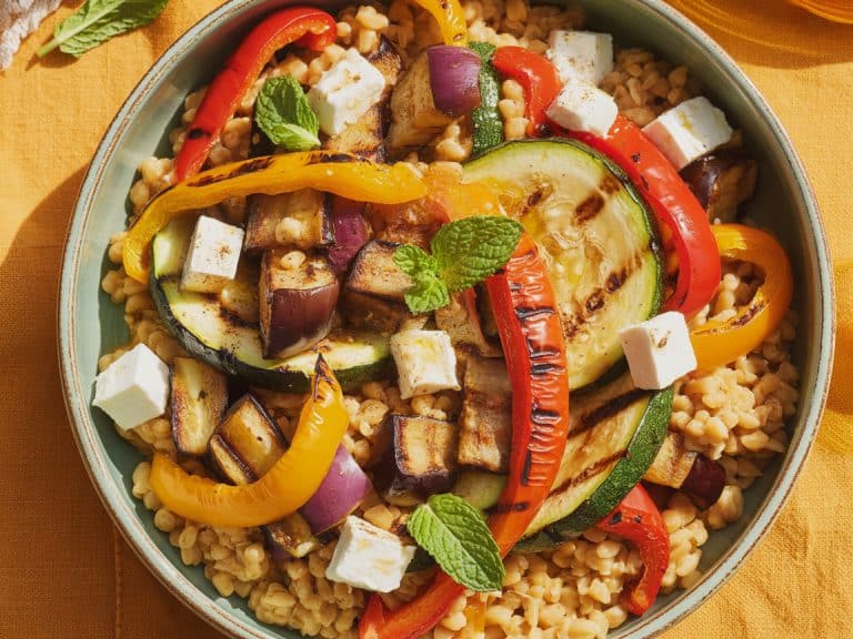 Boulgour aux légumes grillés (courgette, poivron, aubergine) et féta émiettée
