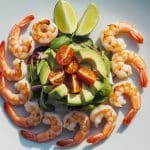 Crevettes grillées servies avec salade d'avocat et tomates cerises