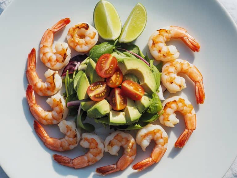 Crevettes grillées servies avec salade d'avocat et tomates cerises