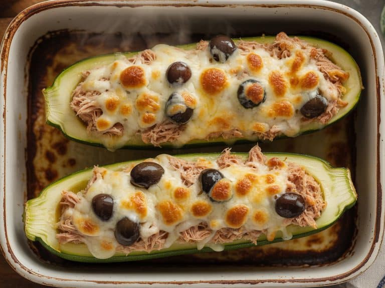 Courgettes farcies au thon et olives noires gratinées au four