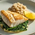 Filet de cabillaud aux épinards et riz complet dans une assiette blanche