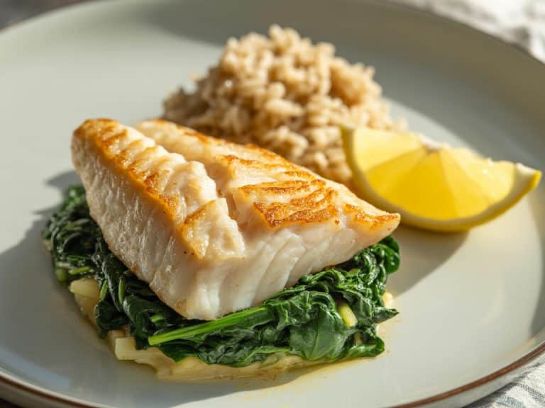 Filet de cabillaud aux épinards et riz complet dans une assiette blanche
