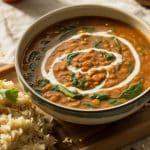 Curry de lentilles et épinards au lait de coco dans un bol
