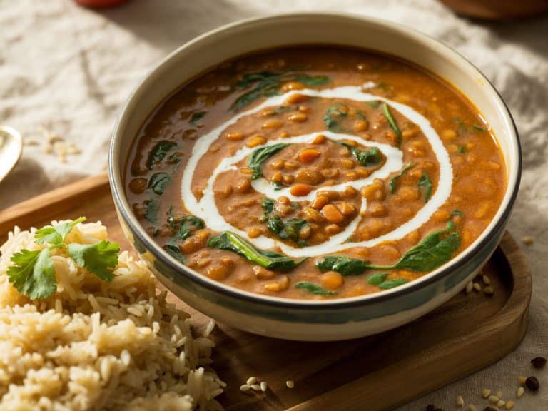 Curry de lentilles et épinards au lait de coco dans un bol