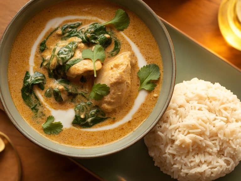 Curry de poulet au lait de coco et épinards
