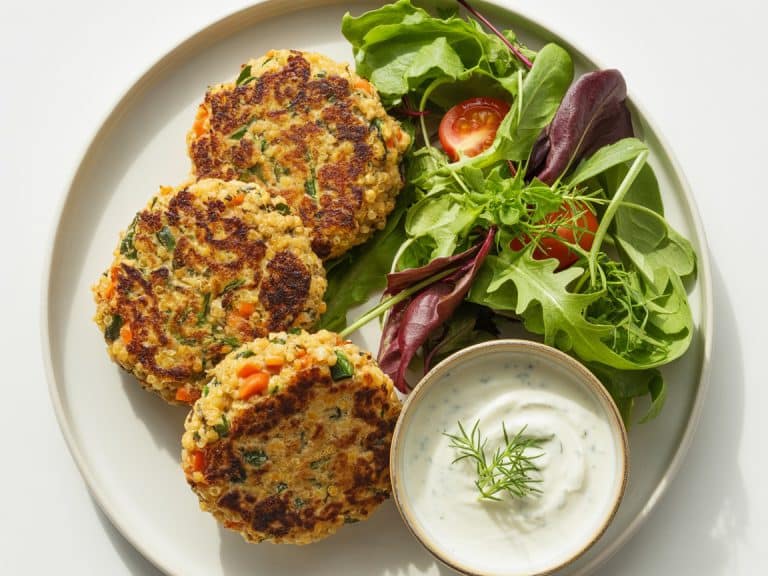 Galettes croustillantes de quinoa aux légumes servies avec salade