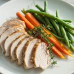 Dinde aux carottes et haricots verts vapeur dans une assiette blanche