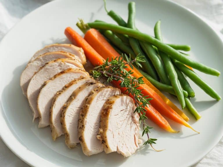 Dinde aux carottes et haricots verts vapeur dans une assiette blanche
